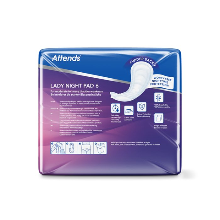 Product Image of Attends Lady Night Pad 6, Inkontinenzeinlage für Frauen Nacht, verstärkter Hüftschutz, anatomisch geformt