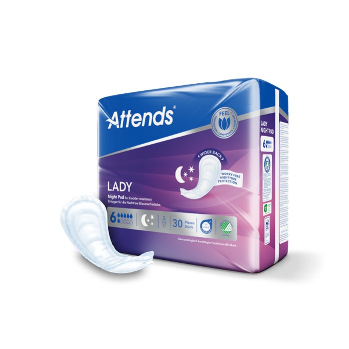 Product Image of Attends Lady Night Pad 6, Inkontinenzeinlage für Frauen Nacht, verstärkter Hüftschutz, anatomisch geformt