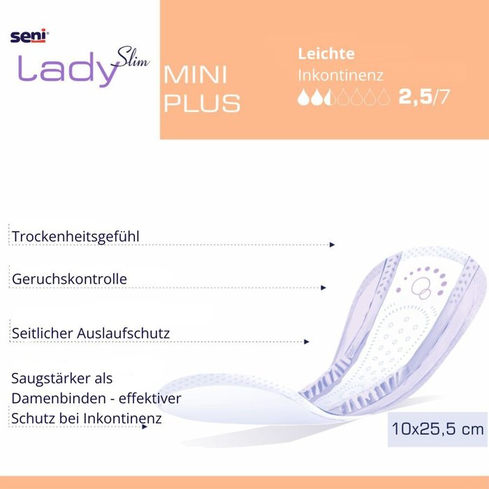 Product Image of Seni Lady Slim Mini Plus, Inkontinenzeinlage Frauen Mini-Größe, hohe Flüssigkeitsaufnahme, atmungsaktiv, 20 Stück