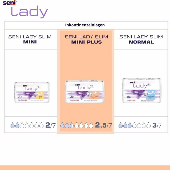 Product Image of Seni Lady Slim Mini Plus, Inkontinenzeinlage Frauen Mini-Größe, hohe Flüssigkeitsaufnahme, atmungsaktiv, 20 Stück