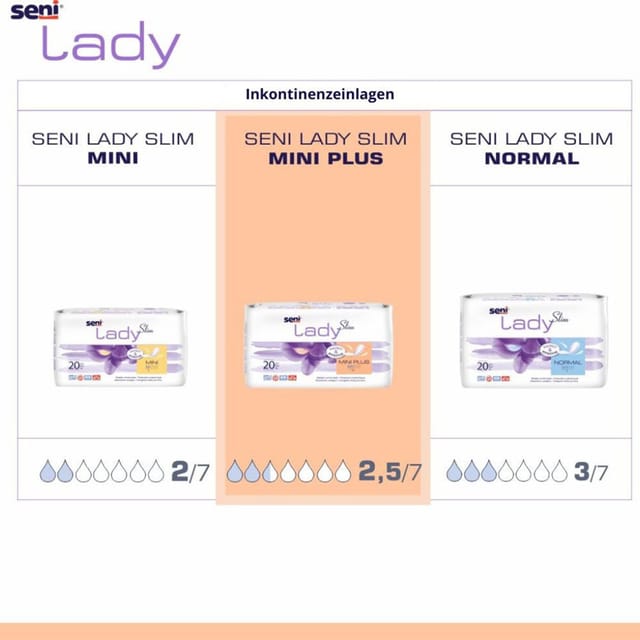 Gallery Image of Seni Lady Slim Mini Plus, Inkontinenzeinlage Frauen Mini-Größe, hohe Flüssigkeitsaufnahme, atmungsaktiv, 20 Stück