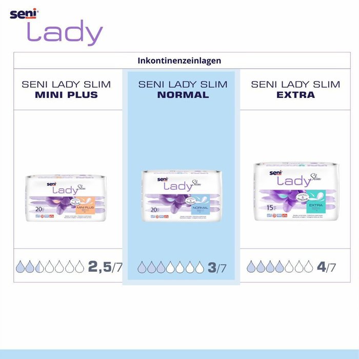 Product Image of Seni Lady Slim Normal, Inkontinenzeinlage für Frauen diskret dünn, atmungsaktiv, latexfrei, 20 Stück