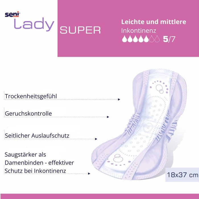 Product Image of Seni Lady Super, Inkontinenzeinlage für Frauen starke Saugkraft, atmungsaktiv, latexfrei, 15 Stück