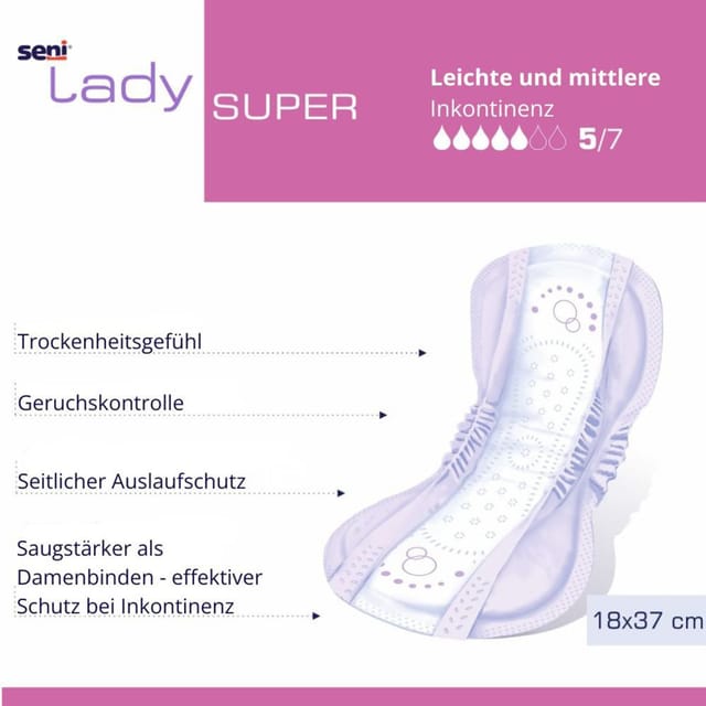 Gallery Image of Seni Lady Super, Inkontinenzeinlage für Frauen starke Saugkraft, atmungsaktiv, latexfrei, 15 Stück