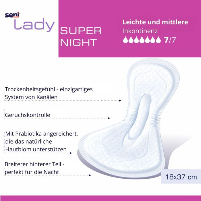 Product Image of Seni Lady Super Night, Inkontinenzeinlage Frauen Nacht extra Saugkraft, atmungsaktiv, Präbiotikum, 15 Stück