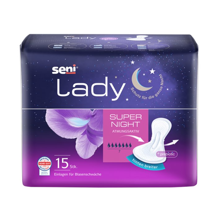 Product Image of Seni Lady Super Night, Inkontinenzeinlage Frauen Nacht extra Saugkraft, atmungsaktiv, Präbiotikum, 15 Stück