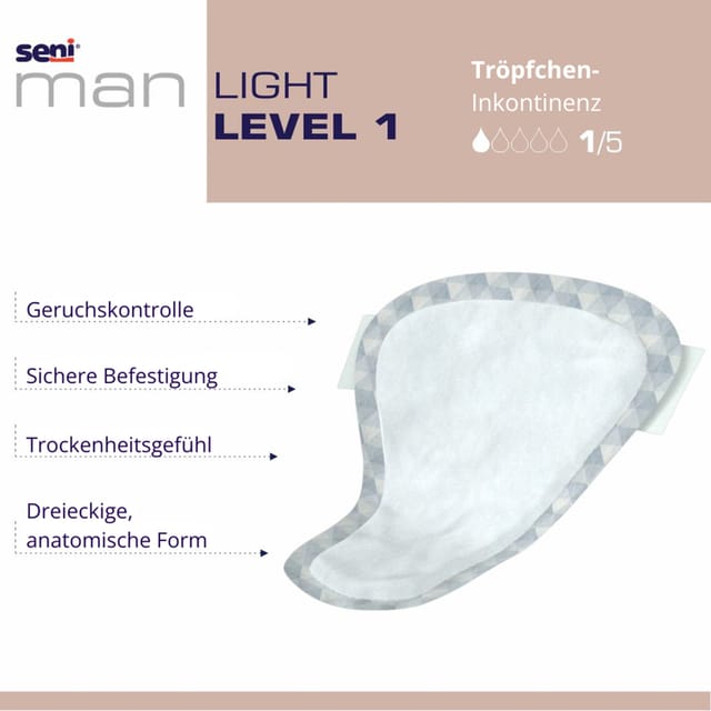 Gallery Image of Seni Man Light Level 1, Inkontinenzeinlage Männer leichte Saugkraft, atmungsaktiv, latexfrei, 15 Stück