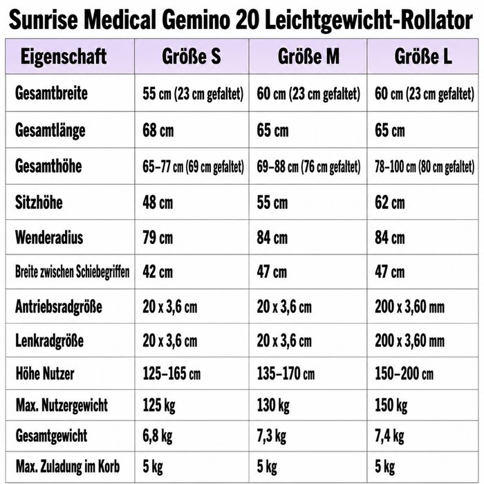 Product Image of Sunrise Medical Rollator Gemino 20, Falt-Klick-System, belastbar 150 kg, Memory-Höhenverstellung, Silbergrau